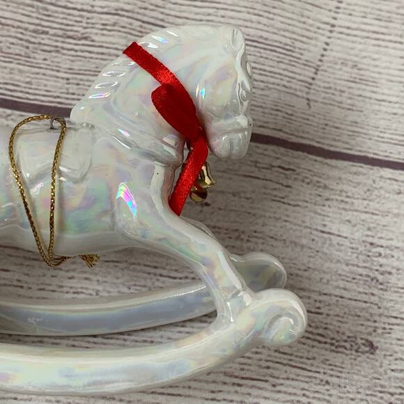 White Iridescent Rocking Horse Ornament with Red Bow and Bell 3 1/4" Tall - Picture 9 of 16
